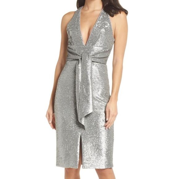 Silver Metallic HARLYN Sequin Embellished Plunge Neck Tie-Waist Midi Dress (NWT) - Picture 1 of 8